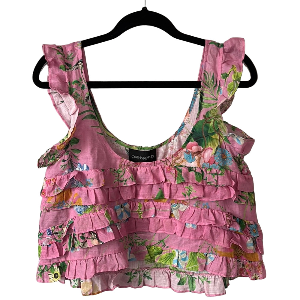 Pink Floral Ruffle Tank Cropped Blouse Cynthia Rowley Coquette Garden size Small